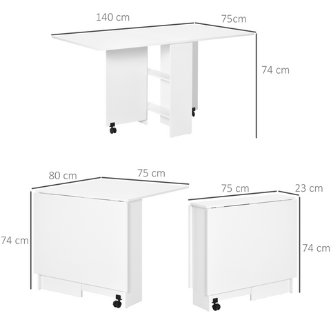 Kitchen Folding Desk Mobile Drop Leaf Dining Table Wheel Storage Shelves White