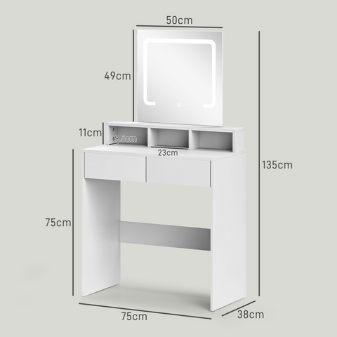 Dressing Table with Mirror, LED Lights, Drawers, for Bedroom, White