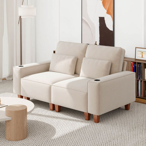 Chenille Deep Seat 2-Seater Sofa with Brushed Stainless Steel Cup Holders and 2 Decorative Pillows, Modern Cozy Loveseat for Living Room