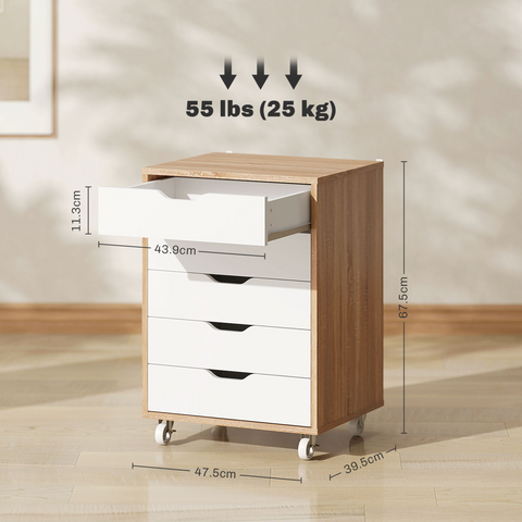 Vinsetto Mobile Filing Cabinet, 5-drawer File Cabinet with Wheels, Oak