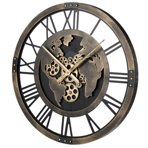 Brown Gear Wall Clock with World Map, 27" Large Non-Ticking Quartz Movement Decorative Home Clock