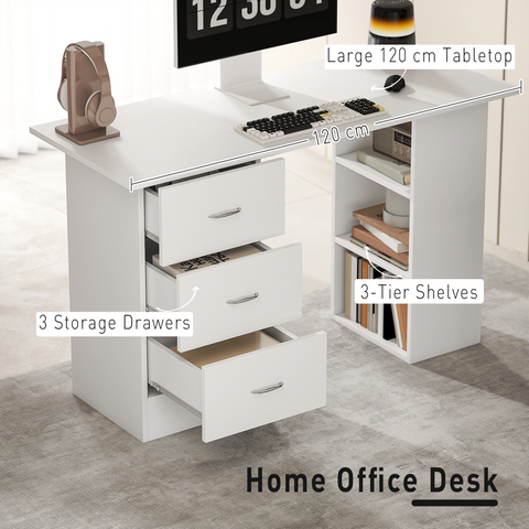 120cm Computer Desk PC Table Workstation w/ 3 Shelf & Drawers White