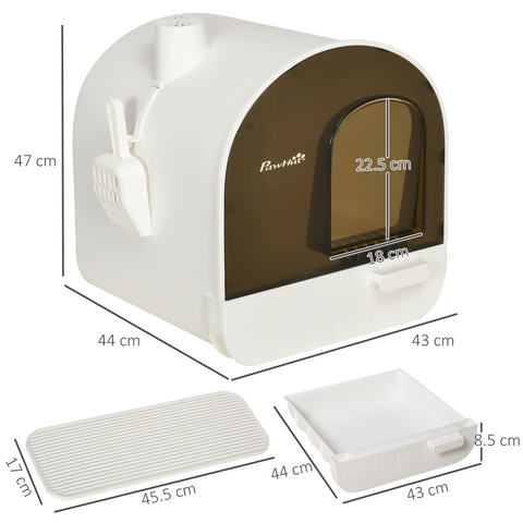 Hooded Cat Litter Tray Kitten Toilet w/ Scoop, Filter, Flap Door 43 x 44 x 47cm