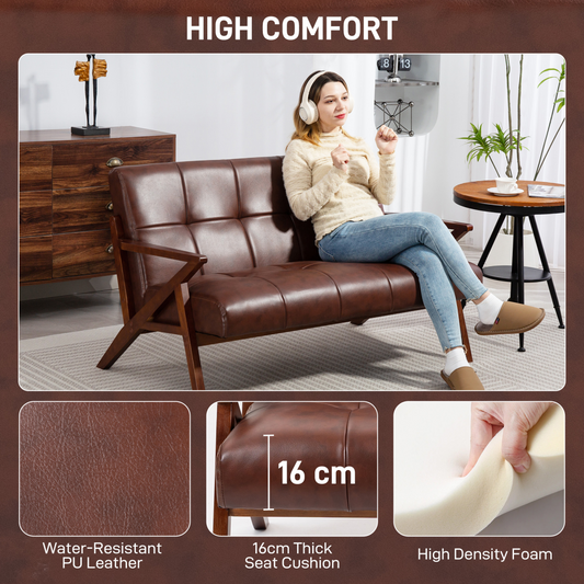 Compact Small Sofa with Solid Wood Frame, Vintage 2 Seater Sofa Brown