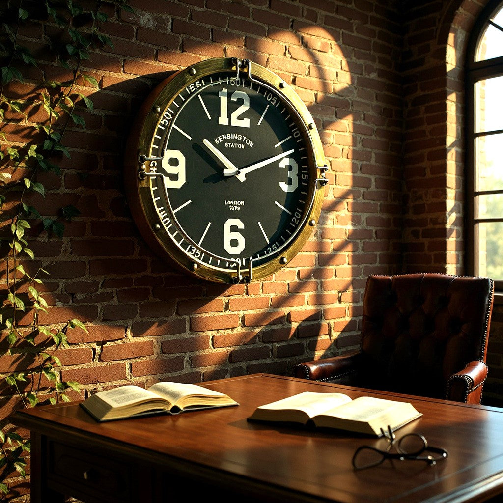 Large clock on a brick wall above a wooden desk with books and glasses.