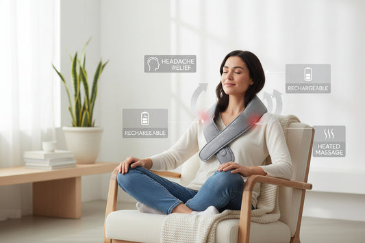Gray neck and shoulder massager with red lights on a white background, featuring Sharper Image branding.