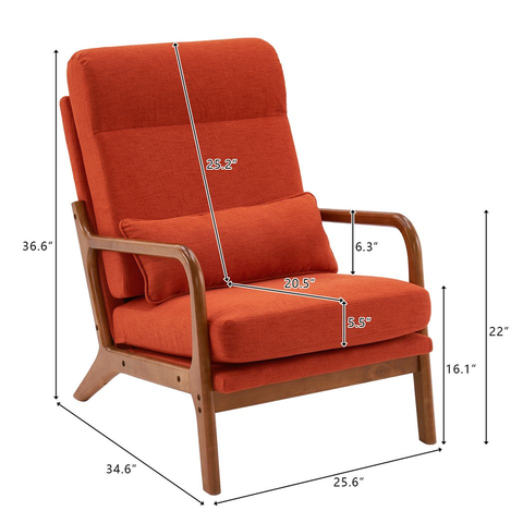 High Back Solid Wood Armrest Backrest Iron Frame Linen Indoor Leisure Chair Burnt Orange Color