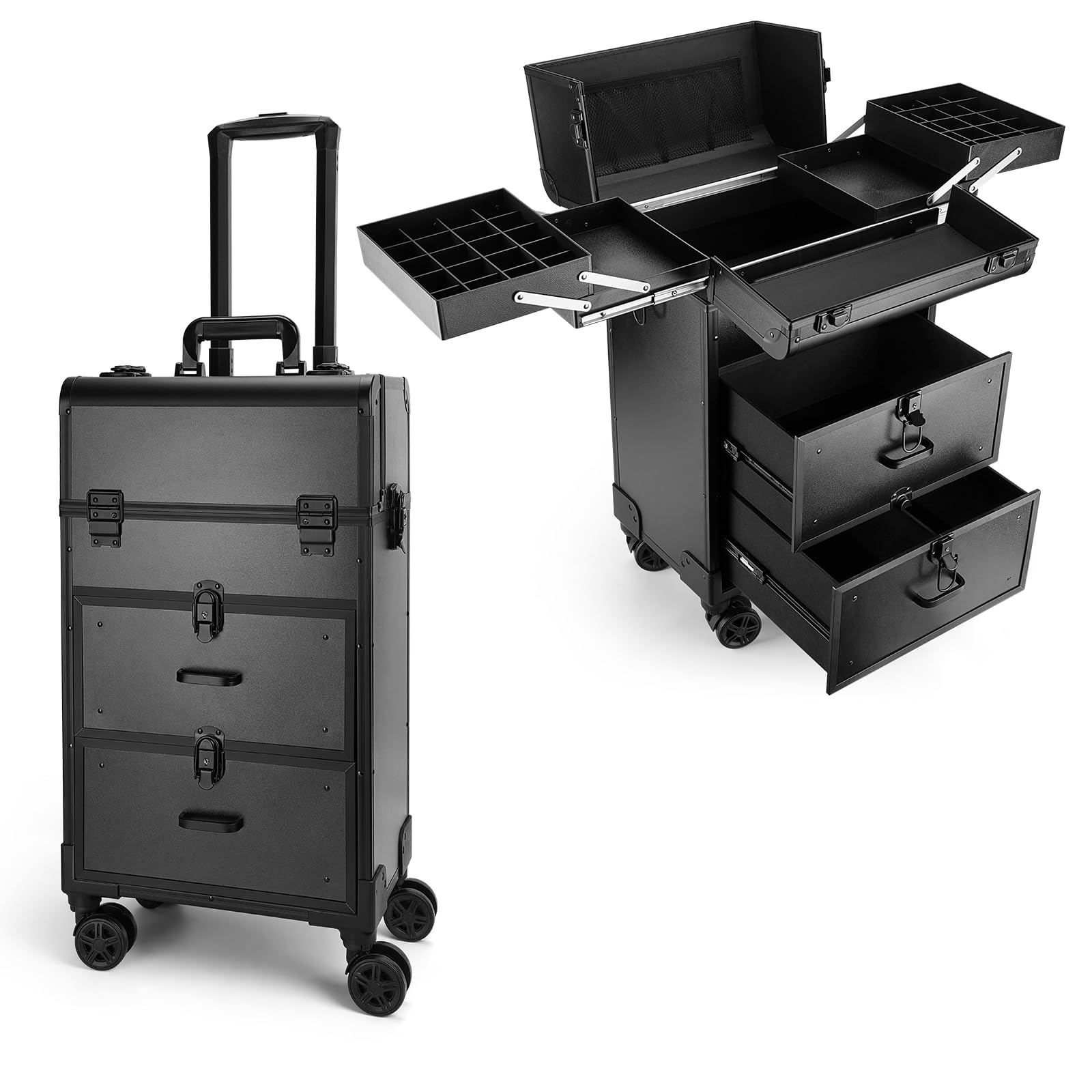 Black makeup trolley with multiple compartments and drawers on a white background