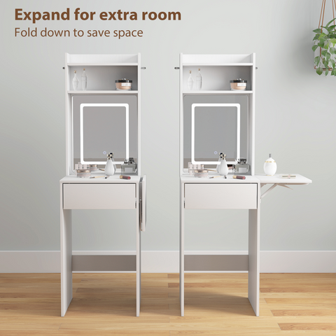 Compact Dressing Table with Lighted Mirror Open Shelves Drawer White