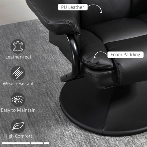 PU Leather Swivel Recliner Armchair with Ottoman, Black