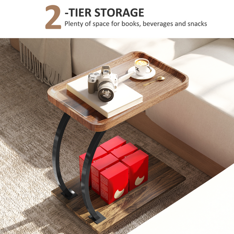 C Shaped Side Table with Storage & Wheels for Living Room, Brown
