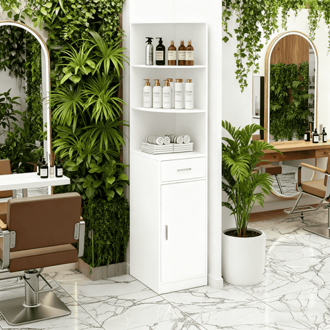 3-Tier Corner Salon Cabinet with 1 Door & 1 Drawer, 15mm E0 Grade Particleboard Matt White, 75.2" H Multipurpose Storage Cabinet for Beauty Salon Spa Bathroom Bedroom