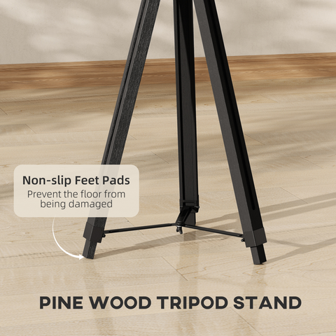 Industrial Tripod Floor Lamp Wood Height Adjustable Spotlight, Black