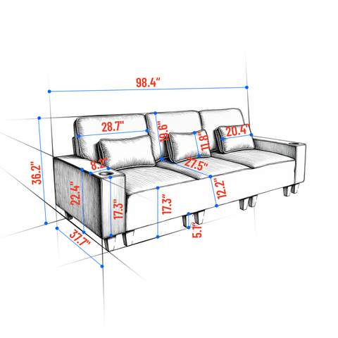 Chenille Deep Seat 3-Seater Sofa with Brushed Stainless Steel Cup Holders and 3 Decorative Pillows, Modern Comfortable Couch for Living Room