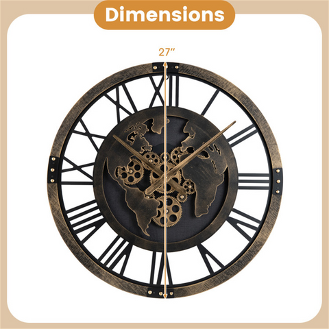 Brown Gear Wall Clock with World Map, 27" Large Non-Ticking Quartz Movement Decorative Home Clock