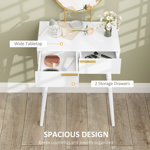 Modern Dressing Table w/ 2 Drawers Round Mirror for Bedroom White