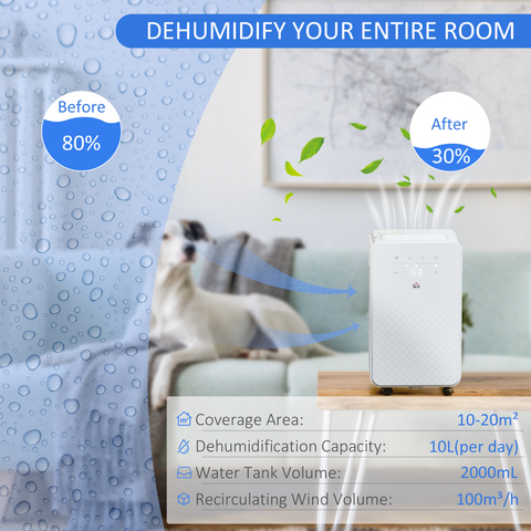 10L/Day Protable Quiet Air Dehumidifier with Purifier, Timer, 5 Modes