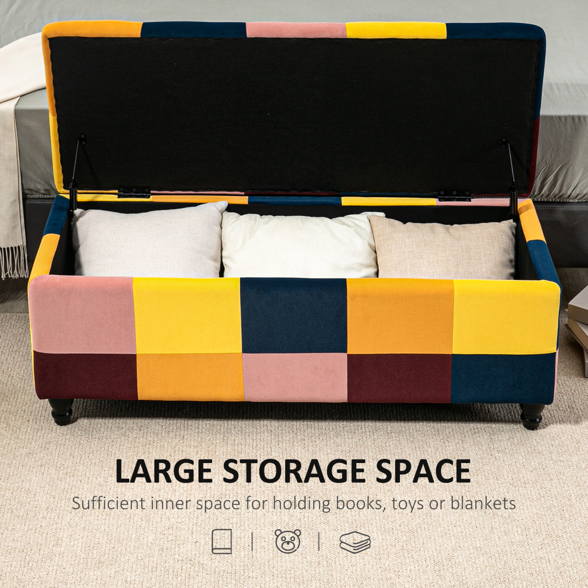 Colorful storage bench with checkered pattern and open lid showing cushions, labeled 'Large Storage Space'.