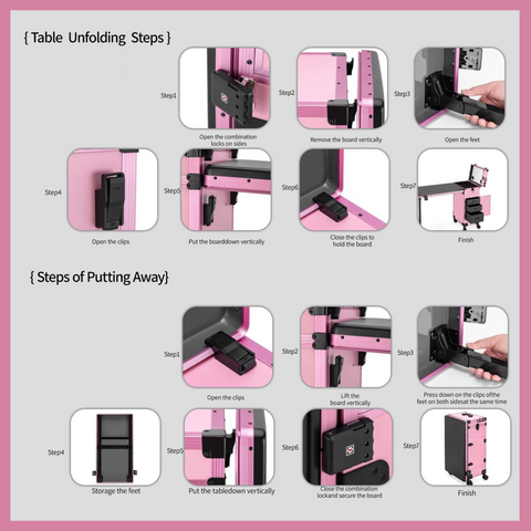 Portable Nail Art Table w/ LED Mirror, Bluetooth, Lockable Drawers, Telescopic Pole - Folding Manicure Station for Salons (Pink)