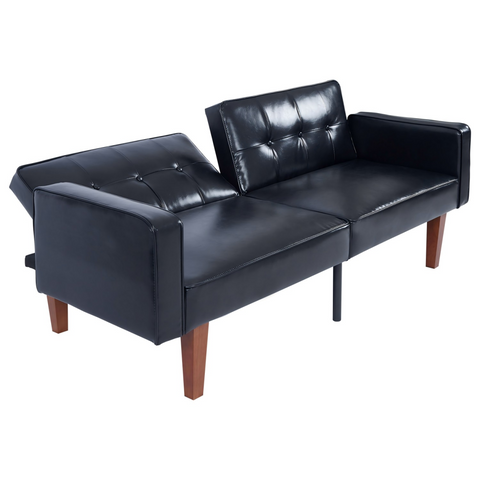 Modern PU Leather Futon Sofa with Tufted Backrest, Adjustable Reclining Couch with Wood & Metal Legs, Mid-Century Style Sofa for Living Room