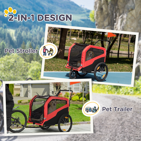 2 in 1 Dog Bike Trailer Pet Stroller for Large Dogs W/ Hitch - Red