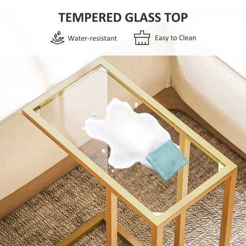 C-Shaped Side Table, End Table with Tempered Glass Tabletop, Gold
