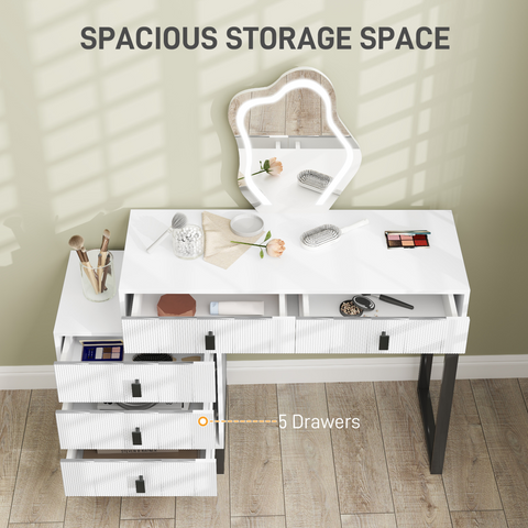 Dressing Table with LED Leaf Shape Mirror and 5 Drawers, White