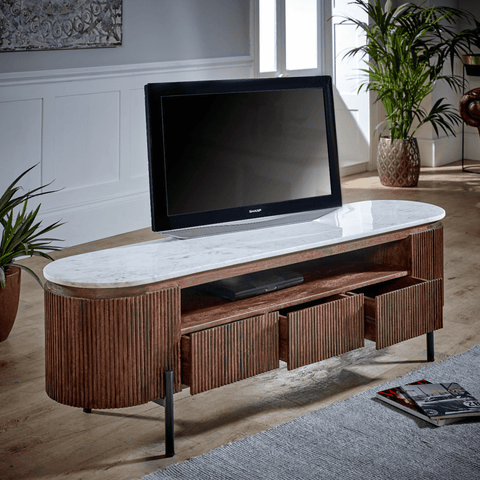 Opal Mango Wood Large Tv Stand With Marble Top & Metal Legs