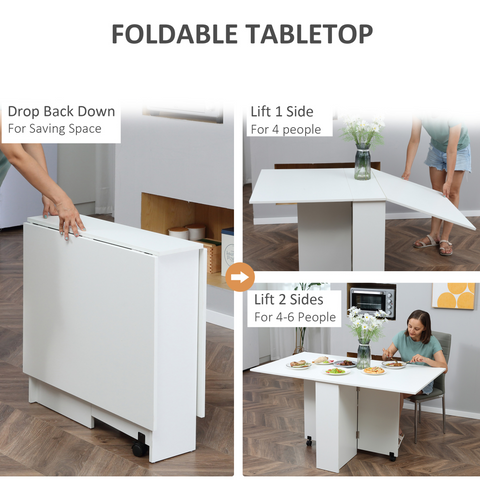 Kitchen Folding Desk Mobile Drop Leaf Dining Table Wheel Storage Shelves White