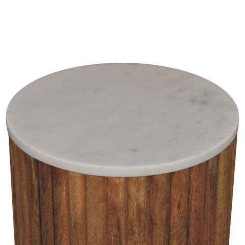 Artisan Furniture Solid Wood Fluted Marble Side Table, Brown & White