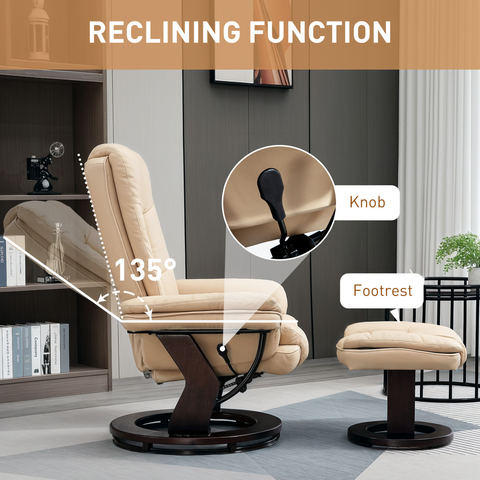 Swivel Manual Recliner and Footrest Set PU Leather Lounge Chair Beige