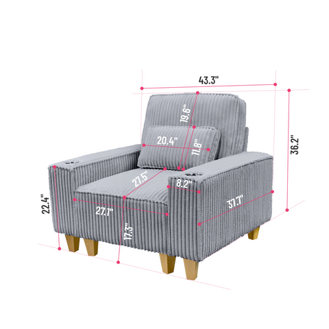 Deep Seat Corduroy Armchair with Brushed Stainless Steel Cup Holder and Decorative Pillow, Cozy Accent Chair for Living Room