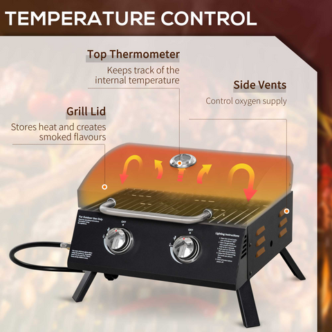2 Burner Gas BBQ Grill Portable Folding Tabletop Barbecue Lid Thermometer Black