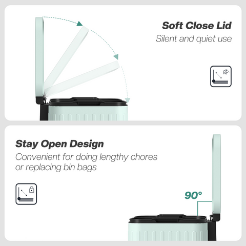 2 x 20L Double Rubbish Bin, Pedal Bin with Soft-Close Lid, Green