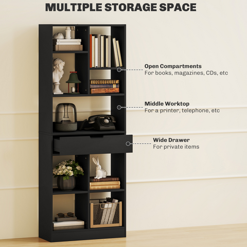 Freestanding Bookcase Display Shelf with Drawer for Home Office