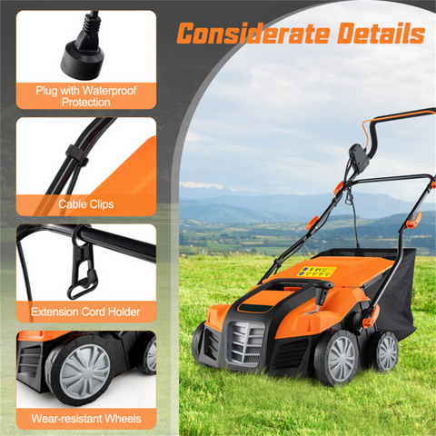 Corded Electric Lawn Dethatcher with 16-Inch Cutting Width, Wear-Resistant Wheels & Large Removable Grass Bag for Home Lawn - Orange