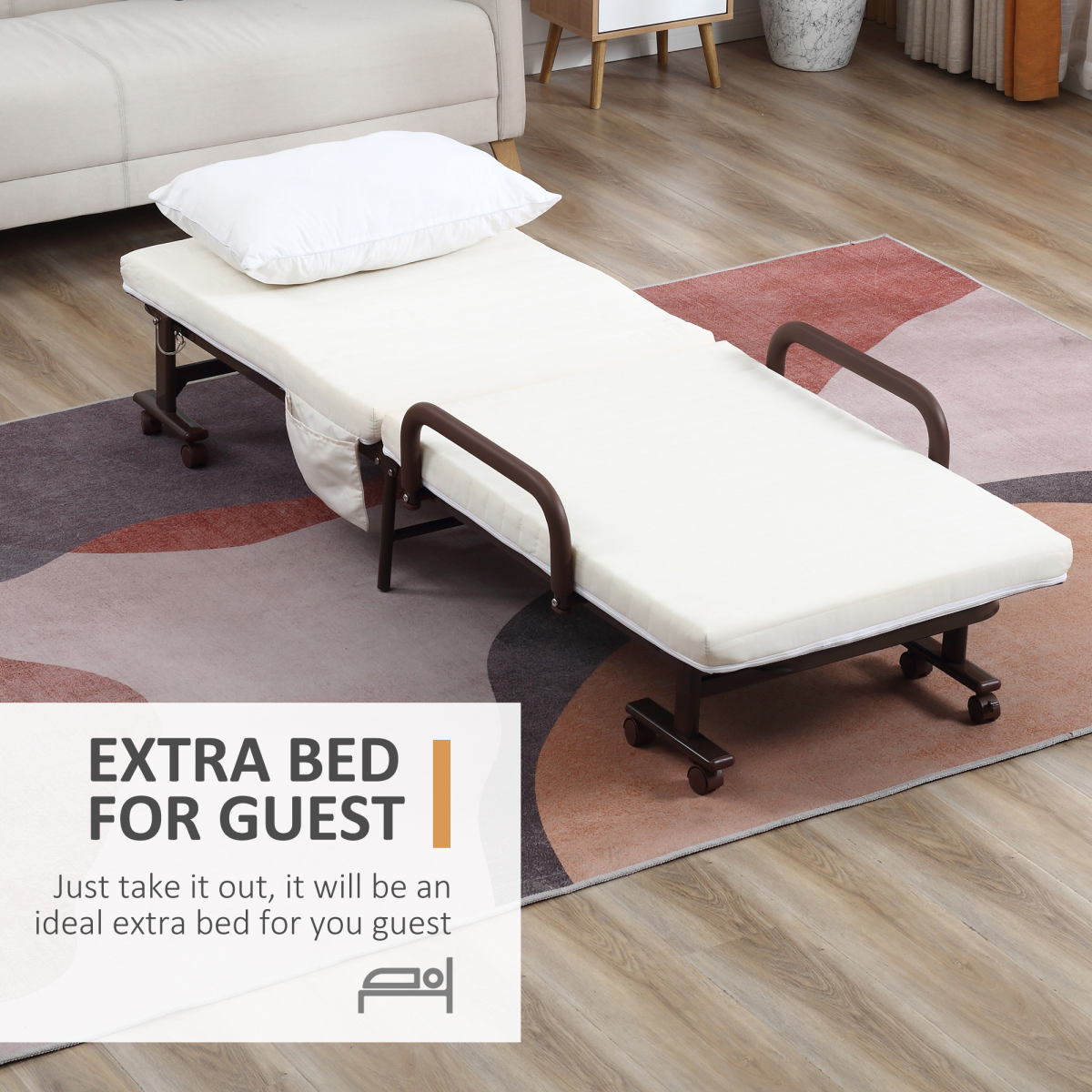 Foldable bed in a living room setting with text indicating it's an extra bed for guests.