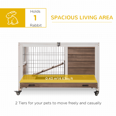 PawHut Wood Indoor Rabbit Hutch Elevated 2-Floor Guineas Pigs Cage w/ Wheels and with openable Roof