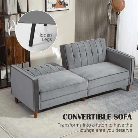 Convertible Sofa Futon Velvet-Touch Tufted Couch Sofa Bed Dark Grey