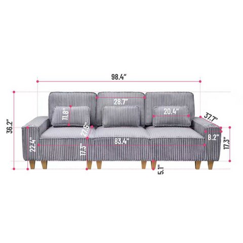 Deep Seat 3-Seater Corduroy Sofa with Brushed Stainless Steel Cup Holders and 3 Decorative Pillows, Modern Comfort Couch for Living Room