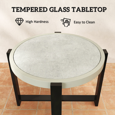 Outsunny Round Small Garden Table with Faux Marble Glass Top, Light Grey