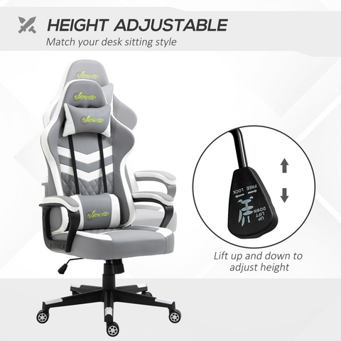 Gray and white gaming chair with height adjustment feature on a white background
