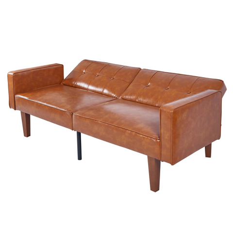 Modern PU Leather Futon Sofa with Tufted Backrest, Adjustable Reclining Couch with Wood & Metal Legs, Mid-Century Style Sofa for Living Room