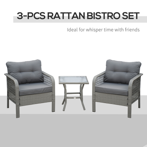 3 Pieces Patio PE Rattan Bistro Set w/ Armchairs Tempered Glass Table Outsunny