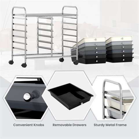 12-Drawer Rolling Storage Cart - 2-Row 10-Storey, Multicolor Drawers, 4 Wheels (2 Brake), -Gray