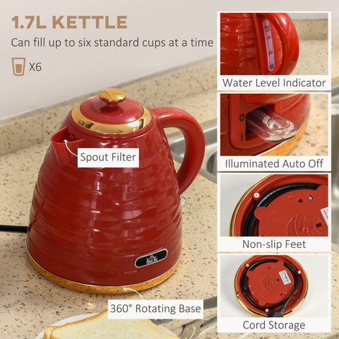 Kettle and Toaster Set 1.7L Rapid Boil Kettle & 4 Slice Toaster Red