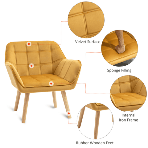 Luxe Velvet-Feel Accent Chair w/ Wide Arms Slanted Back Padding Wood Legs Yellow