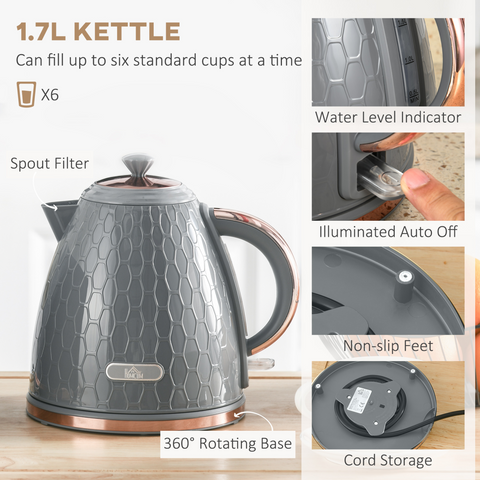 Kettle and Toaster Set 1.7L Fast Boil Kettle & 2 Slice Toaster Set Grey