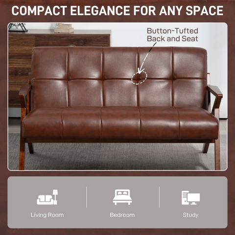 Brown leather sofa with button-tufted back and seat, labeled 'Compact Elegance for Any Space'.
