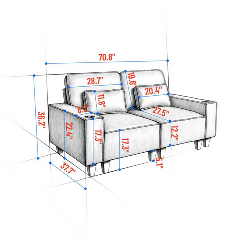 Chenille Deep Seat 2-Seater Sofa with Brushed Stainless Steel Cup Holders and 2 Decorative Pillows, Modern Cozy Loveseat for Living Room